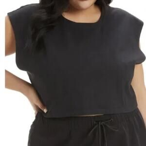 Good American Crop Strong Shoulder T Shirt Black Stretchy Knit Womens 14-16